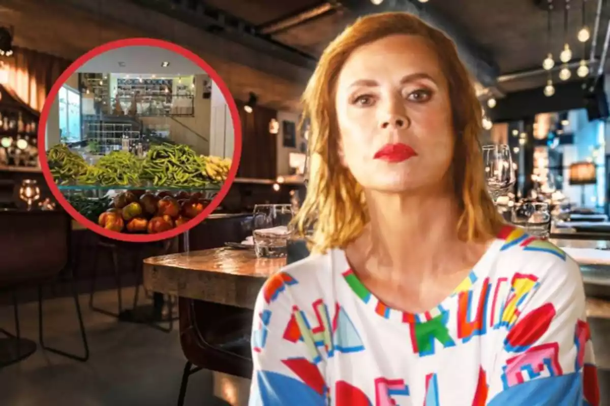 Una persona con cabello rubio y labios rojos está en un restaurante elegante, con un círculo que muestra una imagen de frutas y verduras en un mercado.