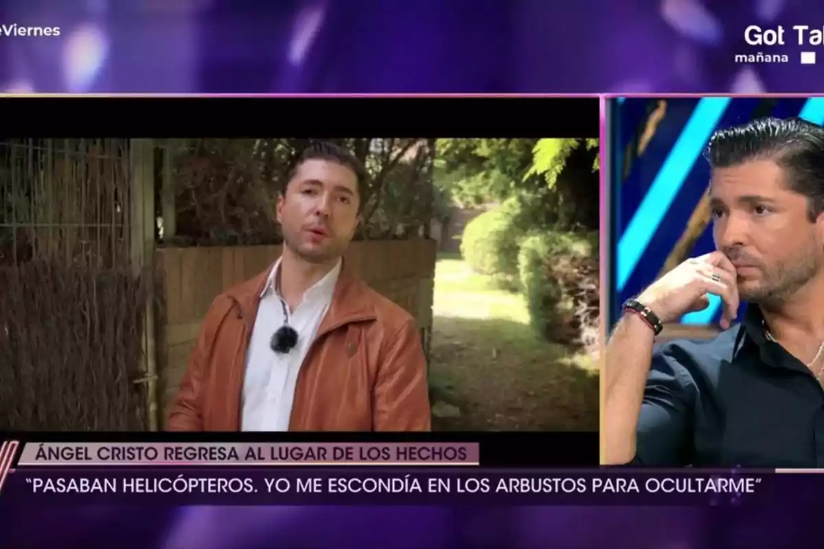 Un hombre con chaqueta marrón aparece en un programa de televisión, con un fondo de jardín y arbustos, mientras en el estudio se muestra pensativo.