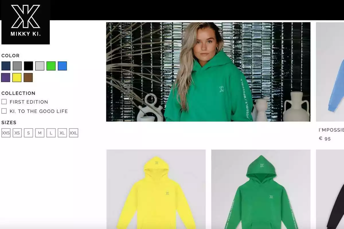 Imagen de una página de ropa de la marca Mikky Ki que muestra una sudadera verde con capucha, opciones de colores, colecciones y tallas disponibles.