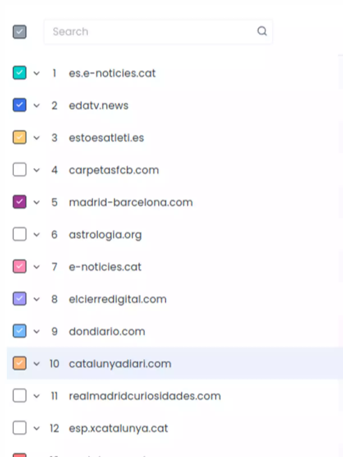 Lista de sitios web con casillas de verificación y colores: 1. es.e-noticies.cat 2. edatv.news 3. estoesatleti.es 4. carpetasfcb.com 5. madrid-barcelona.com 6. astrologia.org 7. e-noticies.cat 8. elcierredigital.com 9. dondiario.com 10. catalunyadiari.com 11. realmadridcuriosidades.com 12. esp.xcatalunya.cat