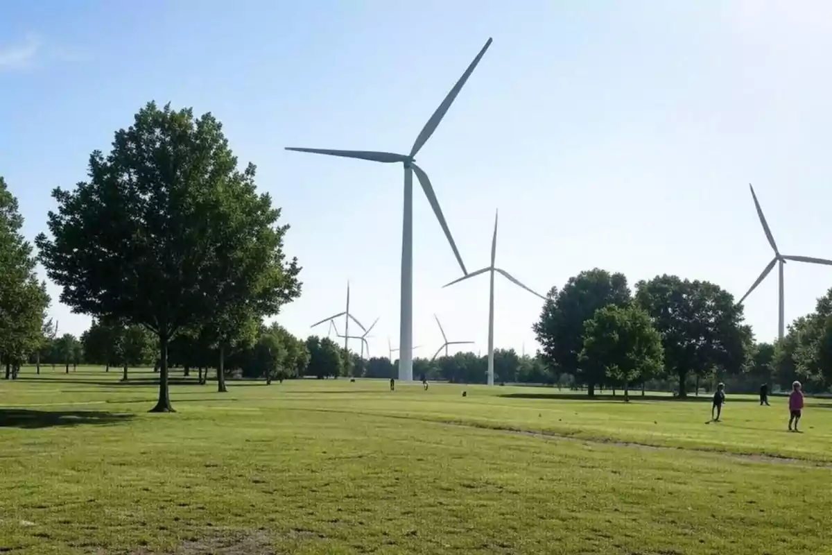 Personas caminando en un campo verde con varios aerogeneradores y árboles alrededor bajo un cielo despejado.