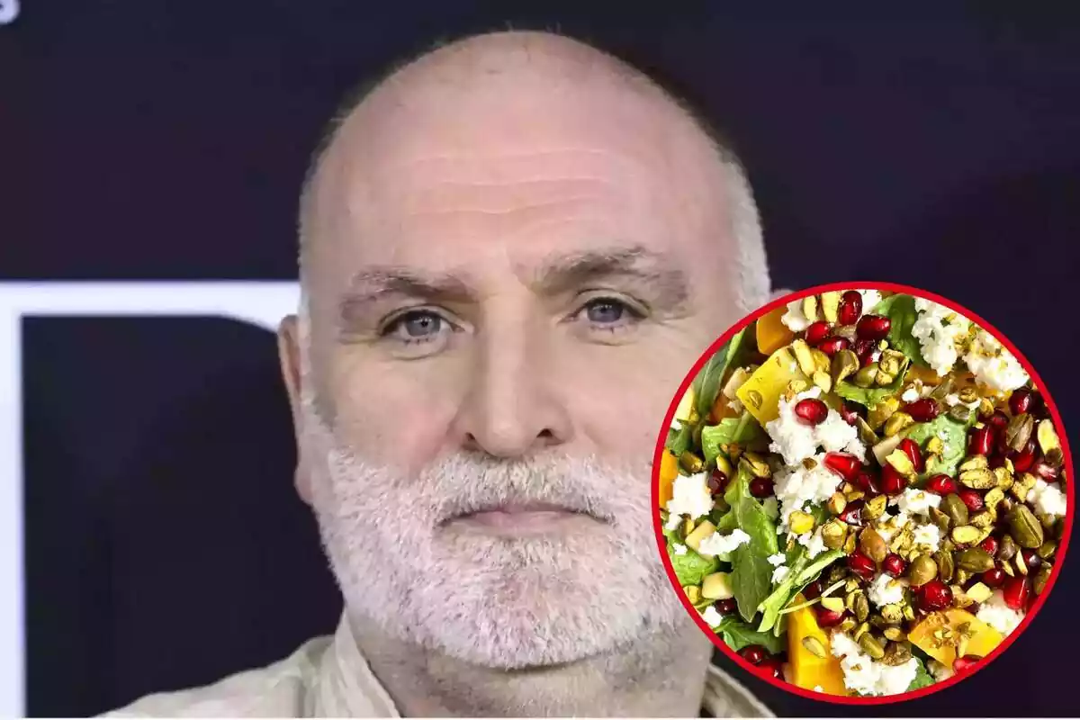 Un hombre con barba blanca y una imagen circular de una ensalada colorida con granada y pistachos.