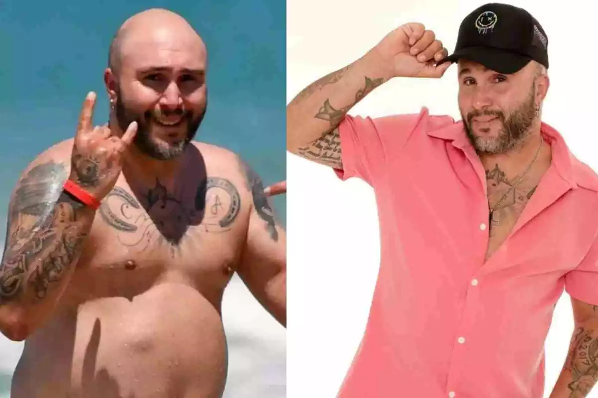 Dos imágenes de un hombre calvo con barba y tatuajes, en la primera está en la playa haciendo un gesto con la mano y en la segunda lleva una camisa rosa y una gorra negra.