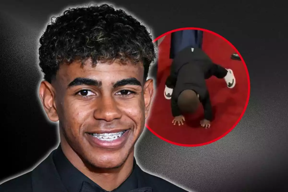 Un joven con brackets sonríe mientras en un círculo rojo se muestra a un niño haciendo una pose en el suelo sobre una alfombra roja.