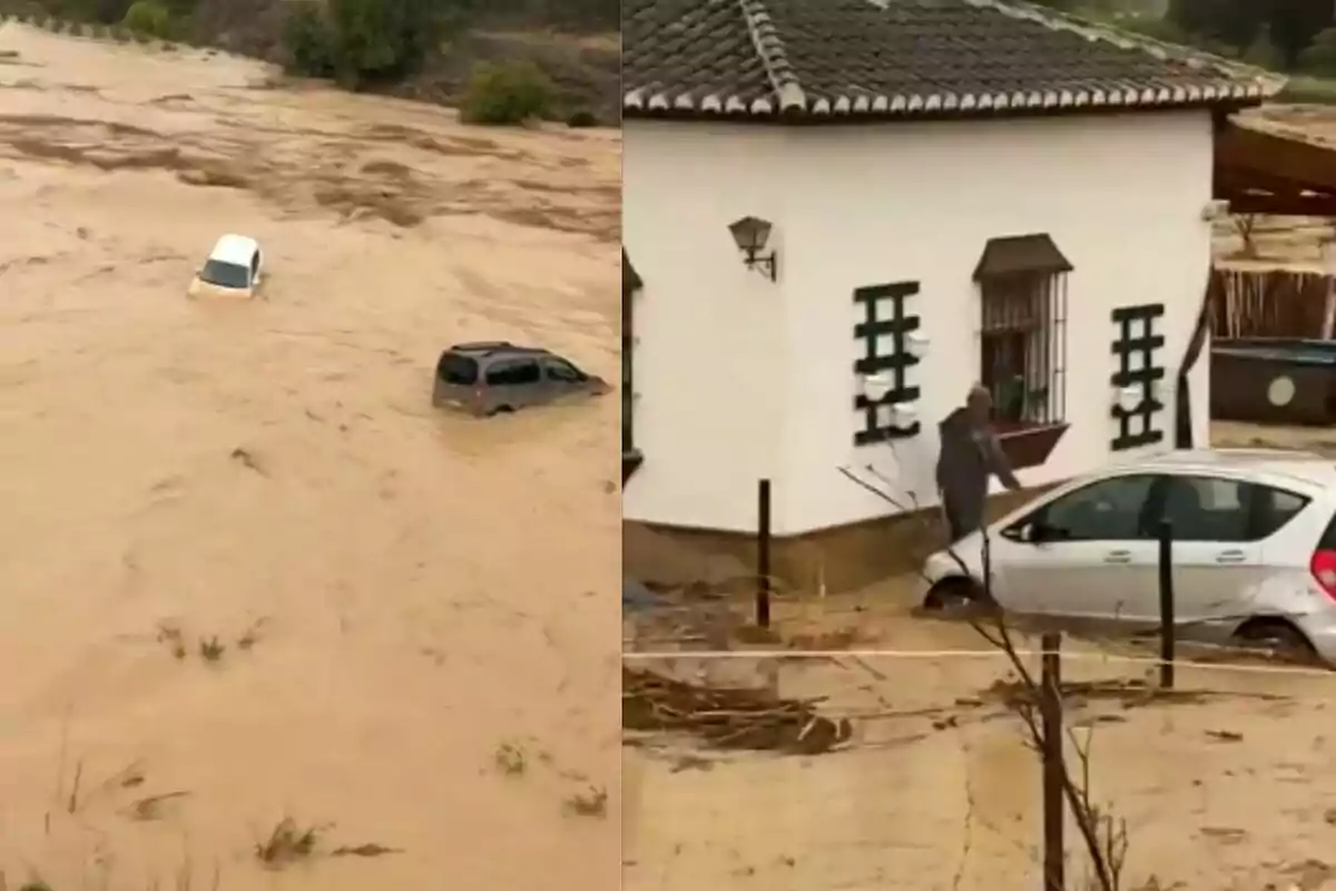 Una inundación afecta a una zona residencial, donde se observan varios vehículos parcialmente sumergidos en el agua y una persona cerca de una casa blanca.