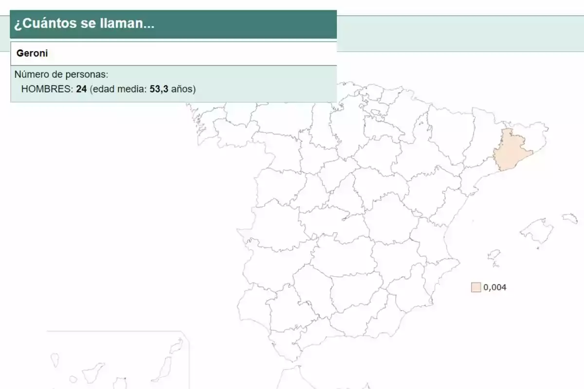 Mapa de España que muestra la distribución del nombre "Geroni" con 24 hombres registrados y una edad media de 53,3 años, destacando una región en color beige con una densidad de 0,004.