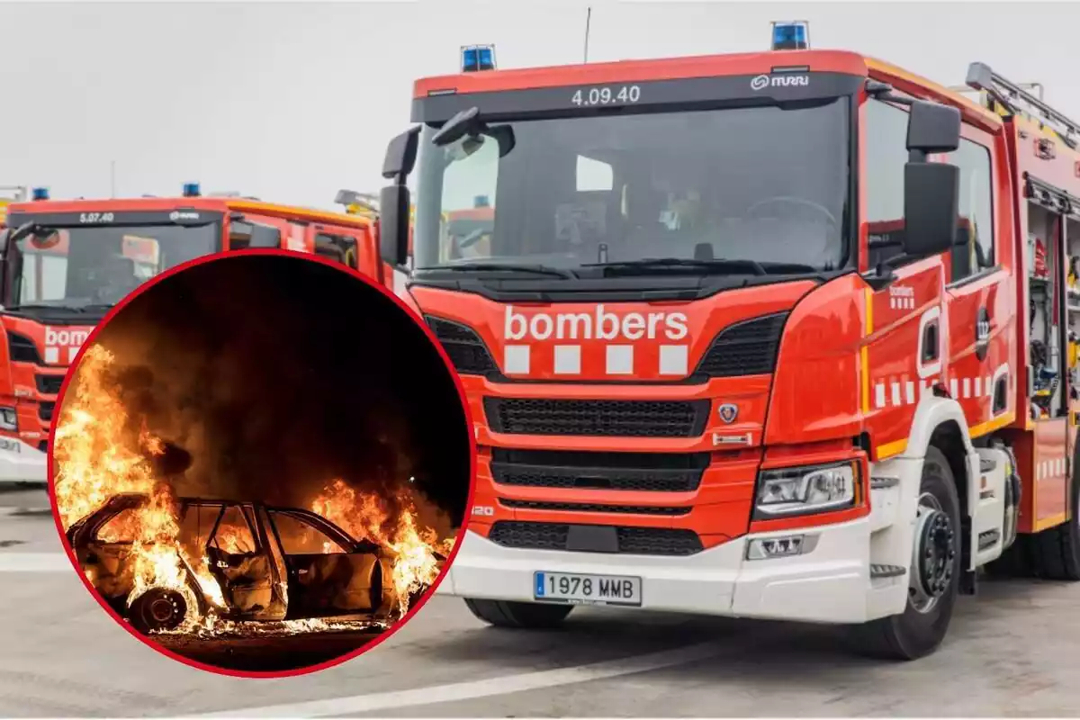 Un camión de bomberos rojo estacionado en un área de servicio con un círculo que muestra un coche en llamas.