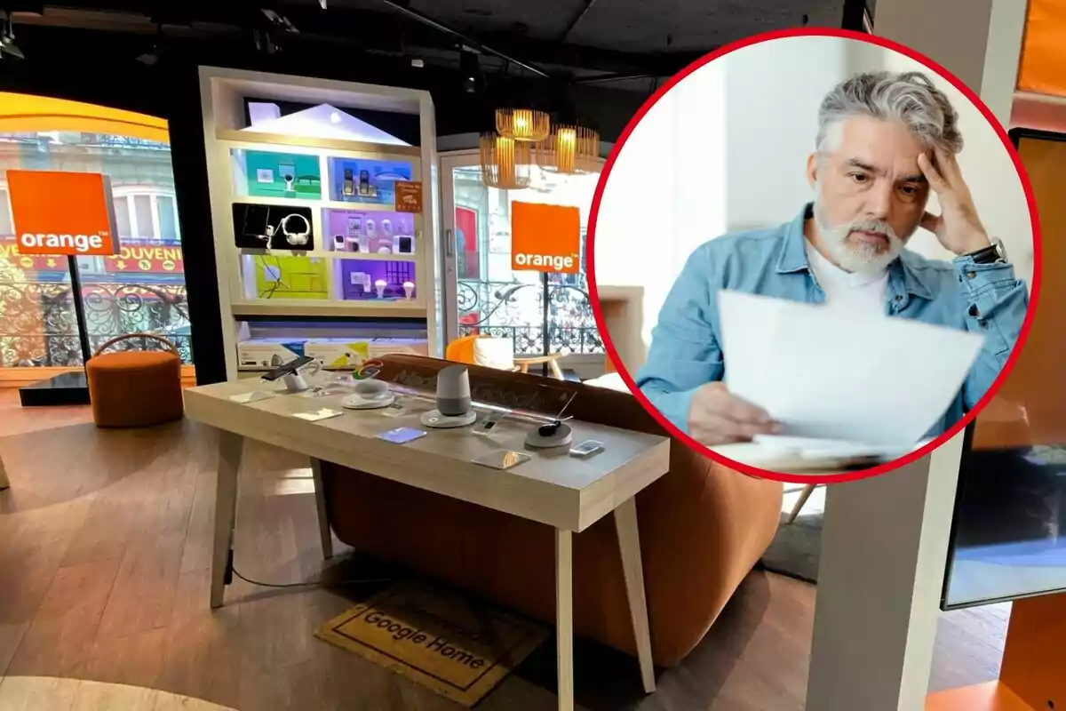 Un hombre con expresión preocupada sostiene un papel mientras está sentado, en el fondo se observa una tienda de tecnología con productos exhibidos y el logotipo de Orange visible en el exterior.