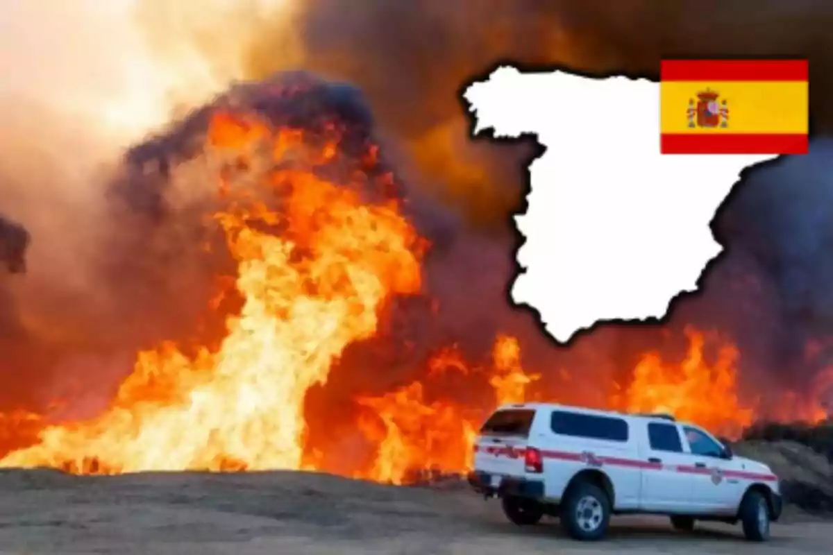 Un incendio forestal con un vehículo de emergencia en primer plano y un mapa de España con la bandera en la esquina superior derecha.