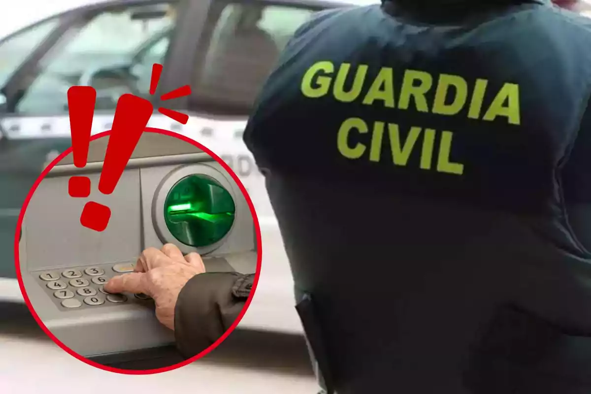 Un agente de la Guardia Civil junto a un cajero automático con un símbolo de advertencia.