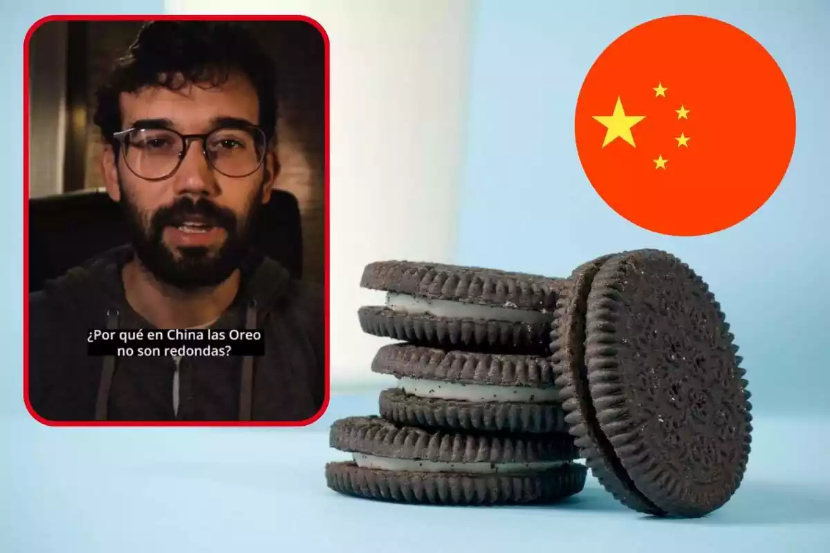 Un hombre con gafas aparece en un recuadro con la pregunta "¿Por qué en China las Oreo no son redondas?" junto a una pila de galletas Oreo y la bandera de China.