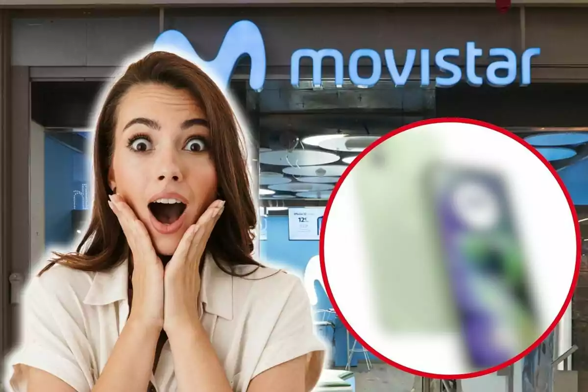 Una mujer con expresión de sorpresa frente a una tienda de Movistar con un teléfono móvil desenfocado en un círculo rojo.