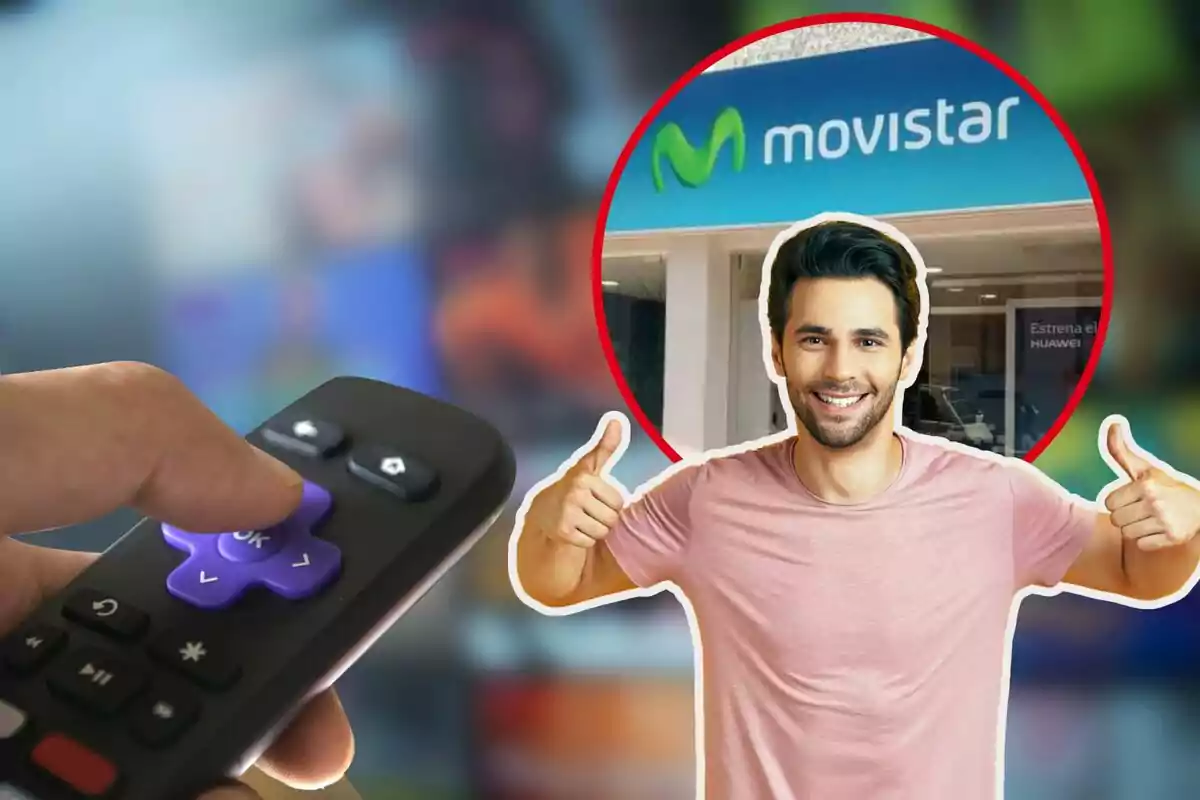 Una persona sonriente con pulgares arriba frente a una tienda de Movistar y una mano sosteniendo un control remoto. Una persona sonriente con pulgares arriba frente a una tienda de Movistar y una mano sosteniendo un control remoto.