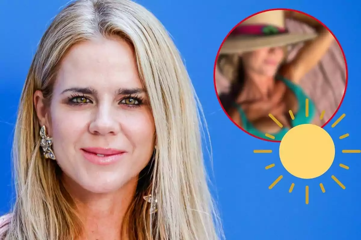 Una mujer rubia con cabello largo y suelto, usando aretes brillantes, está frente a un fondo azul. En la esquina superior derecha hay un círculo con una imagen borrosa de una persona con sombrero y un sol dibujado.