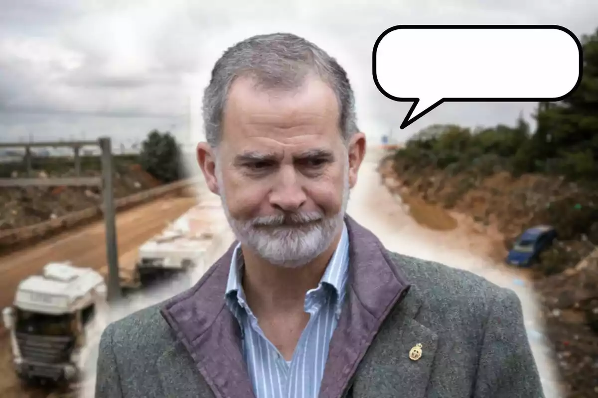 Hombre con barba y cabello corto en un sitio de construcción con un globo de diálogo vacío.