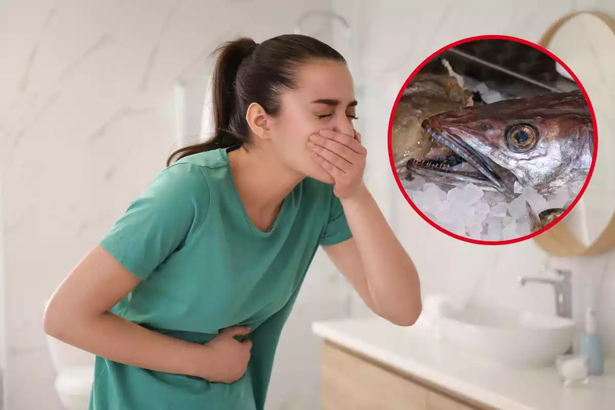 Mujer con náuseas en el baño con una imagen insertada de un pescado en hielo.