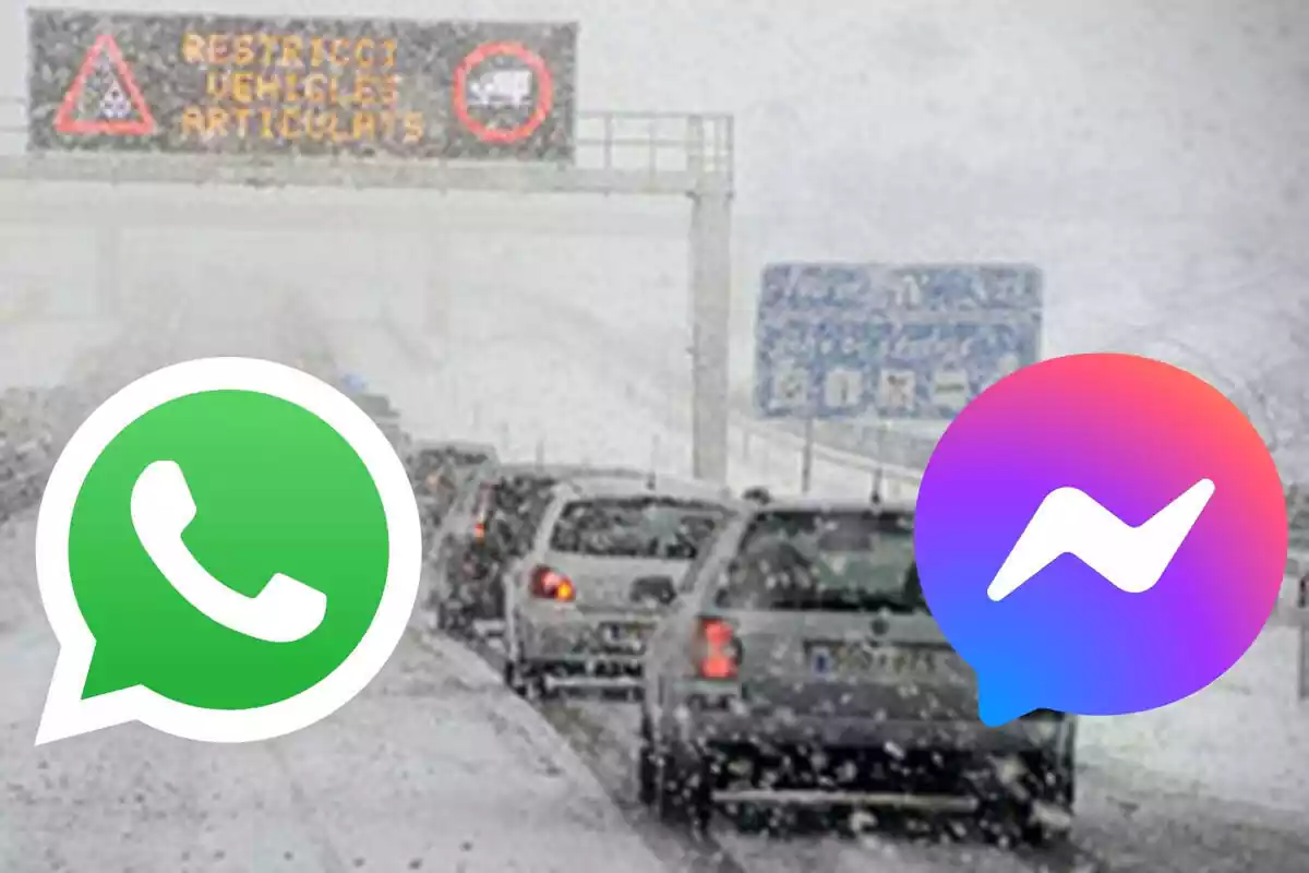 Atasco en una nevada con logo de WhatsApp y Messenger