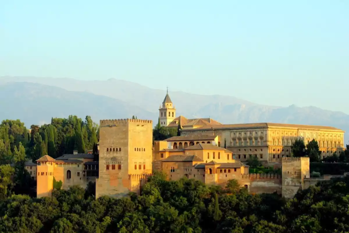 Vista panorámica de la Alhambra de Granada con montañas al fondo y rodeada de vegetación.