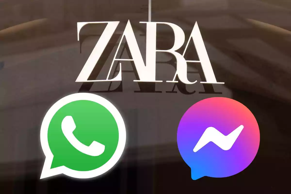 Cartel de la tienda ZARA con el logo de Whatsapp y Messenger